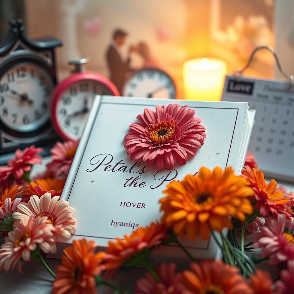 A charming scene featuring a book titled 'Petals of the Past' placed on a table, surrounded by an array of zinnia flowers in various shades of pink, orange, and red