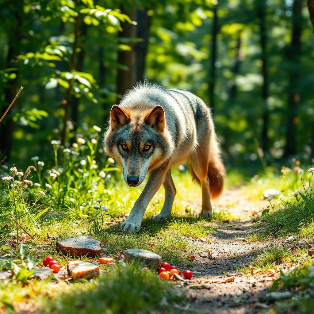 A lone wolf stealthily following a trail of scattered food in a lush forest setting