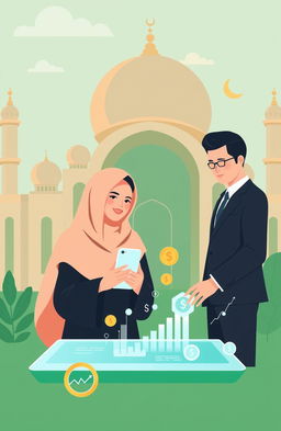 A modern and sleek illustration representing Fintech P2P Financing in a Syariah compliant context