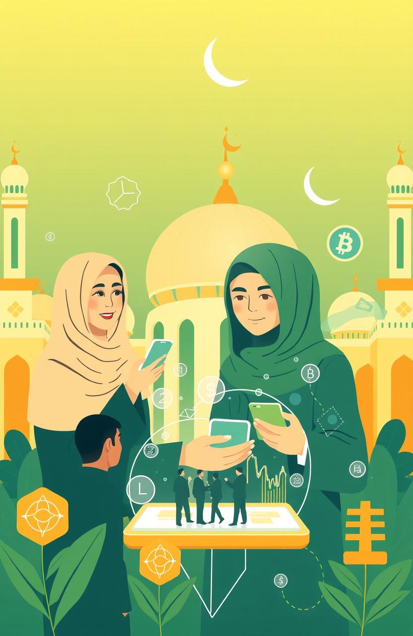 A modern and sleek illustration representing Fintech P2P Financing in a Syariah compliant context