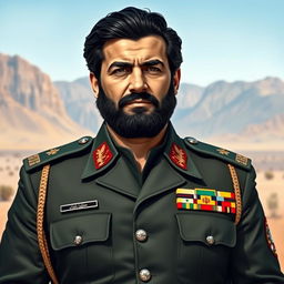 A powerful and charismatic Iranian military commander depicted in a dignified and respectful manner, wearing a military uniform complete with medals and insignia