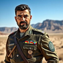 A powerful and charismatic Iranian military commander depicted in a dignified and respectful manner, wearing a military uniform complete with medals and insignia
