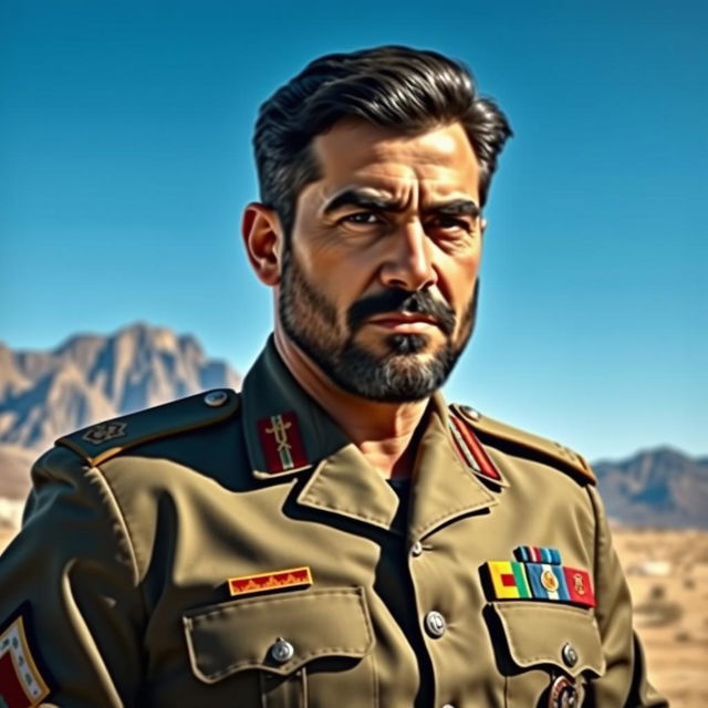 A powerful and charismatic Iranian military commander depicted in a dignified and respectful manner, wearing a military uniform complete with medals and insignia