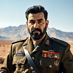A powerful and charismatic Iranian military commander depicted in a dignified and respectful manner, wearing a military uniform complete with medals and insignia