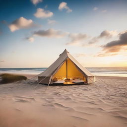 A modern architectural tent placed on a sandy beach with a stunning ocean backdrop during sunset.