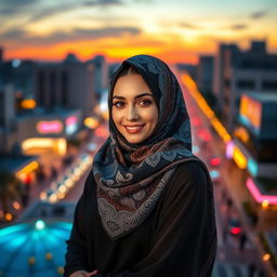 A beautiful Middle Eastern woman wearing a stylish hijab, exuding confidence and allure