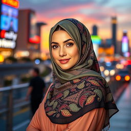 A beautiful Middle Eastern woman wearing a stylish hijab, exuding confidence and allure