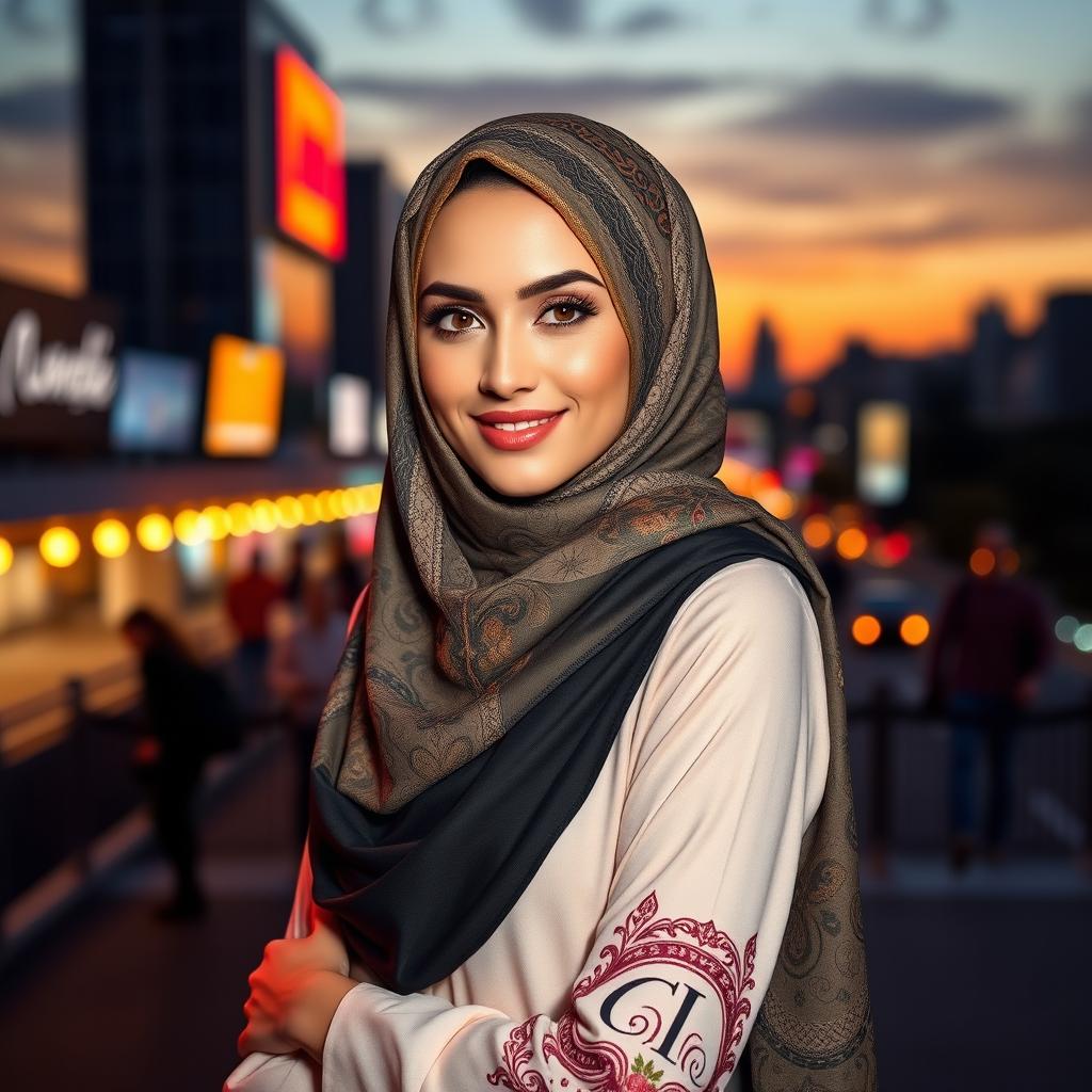 A beautiful Middle Eastern woman wearing a stylish hijab, exuding confidence and allure
