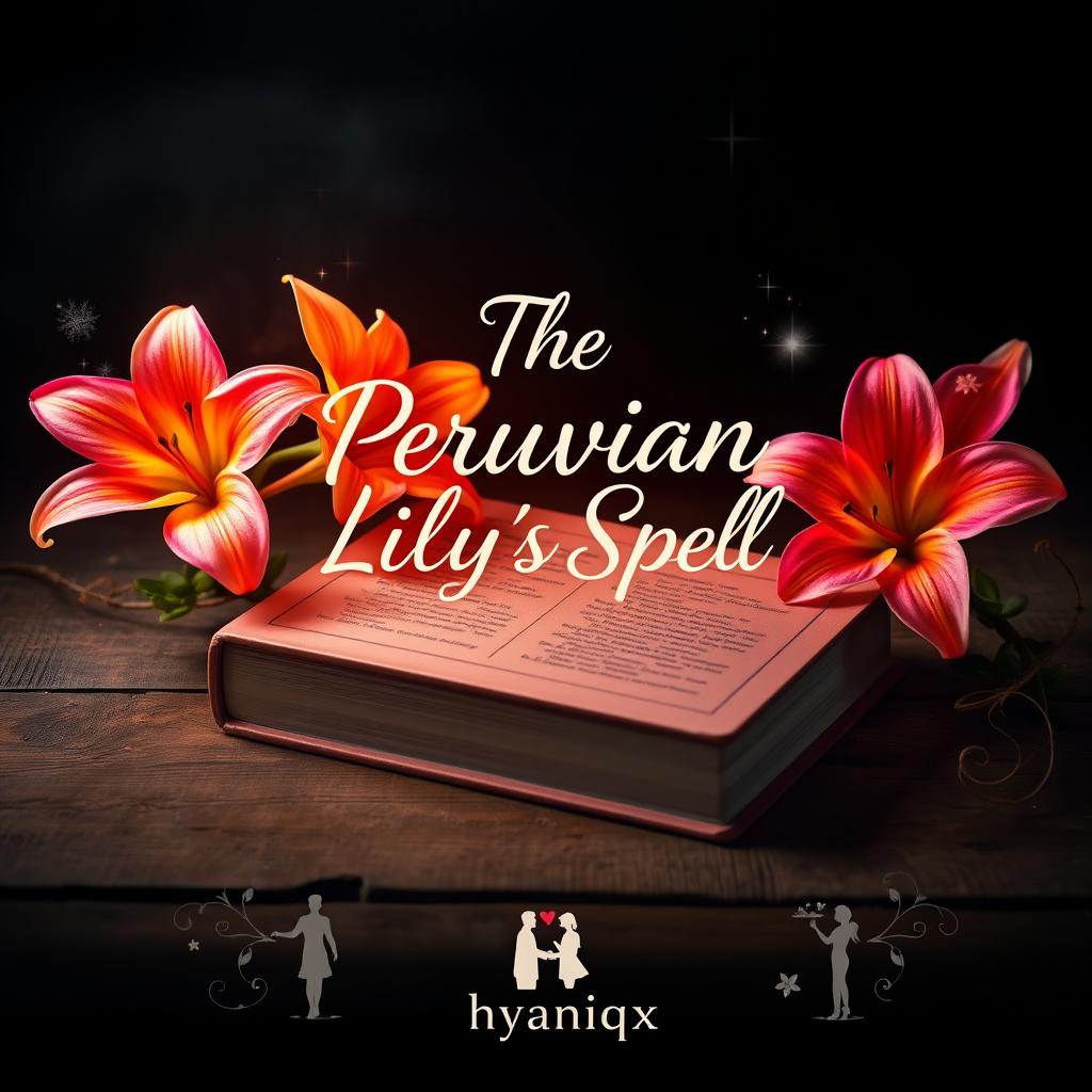 A beautifully arranged scene featuring a book titled 'The Peruvian Lily's Spell' placed on a rustic wooden table