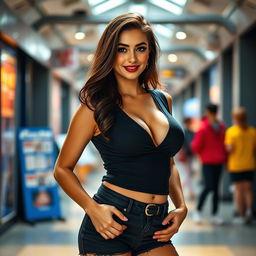 A stunning 25-year-old woman dressed in a sexy student outfit stands confidently facing the camera, highlighting her generous neckline and voluptuous figure