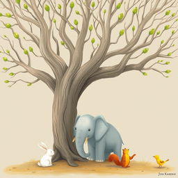 An old tree with smooth, bare branches that have fresh green buds sprouting at the tips