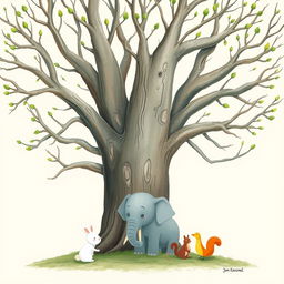 An old tree with smooth, bare branches that have fresh green buds sprouting at the tips