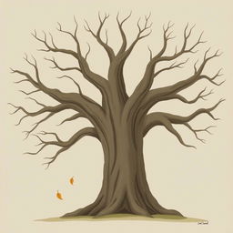 An ancient tree with smooth, bare branches, depicted in the whimsical style of Jon Klassen