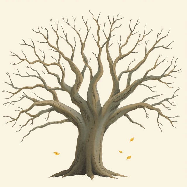 An ancient tree with smooth, bare branches, depicted in the whimsical style of Jon Klassen