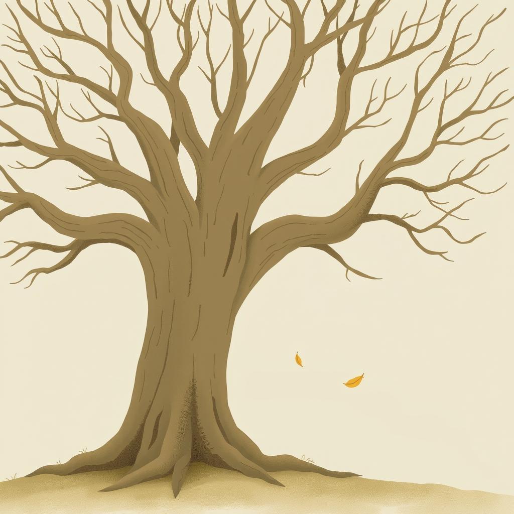 An ancient tree with smooth, bare branches, depicted in the whimsical style of Jon Klassen