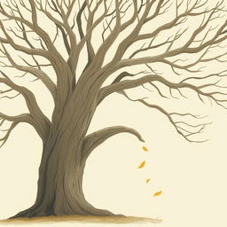 An ancient tree with smooth, bare branches, depicted in the whimsical style of Jon Klassen