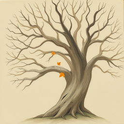 An ancient tree with smooth, bare branches, illustrated in the whimsical style of Jon Klassen