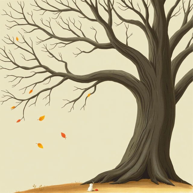 An ancient tree with smooth, bare branches, illustrated in the whimsical style of Jon Klassen