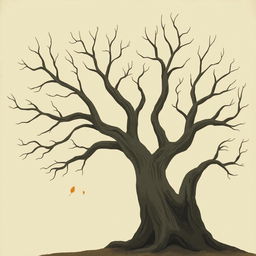 An ancient tree with smooth, bare branches, illustrated in the whimsical style of Jon Klassen