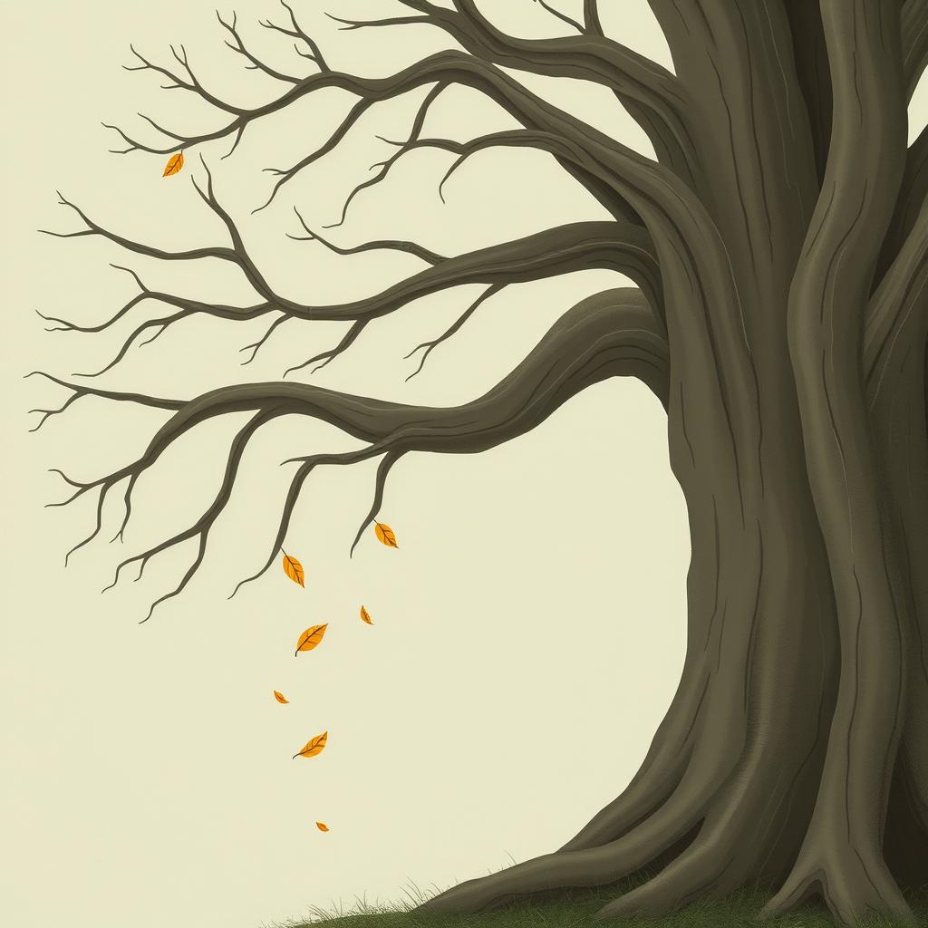 An ancient tree with smooth, bare branches, illustrated in the whimsical style of Jon Klassen