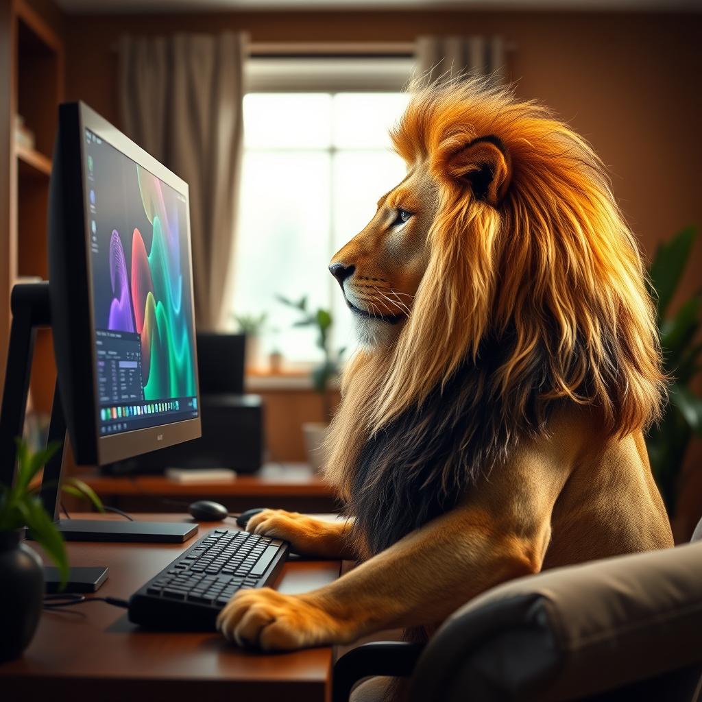 A majestic lion sitting upright, gazing intently at a large computer monitor