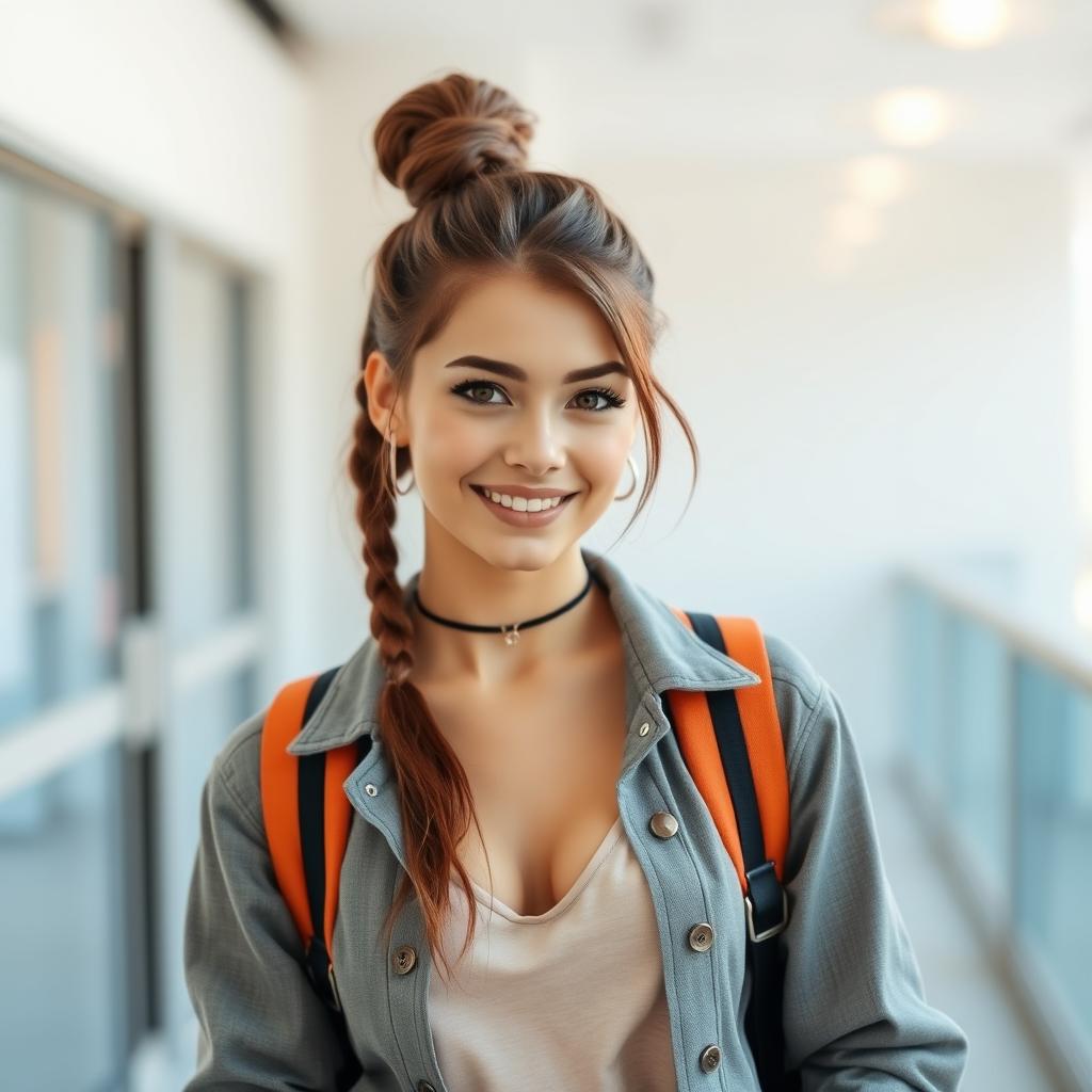 A beautiful 25-year-old woman dressed in a stylish student outfit stands confidently facing the camera