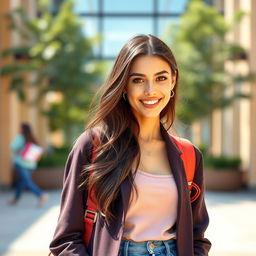 A beautiful 25-year-old woman dressed in a stylish student outfit stands confidently facing the camera