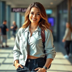 A beautiful 25-year-old woman dressed in a stylish student outfit stands confidently facing the camera