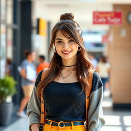 A beautiful 25-year-old woman dressed in a stylish student outfit stands confidently facing the camera