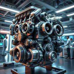 A hyper-realistic illustration of the strongest engine conceivable, showcasing intricate metal components and advanced technology