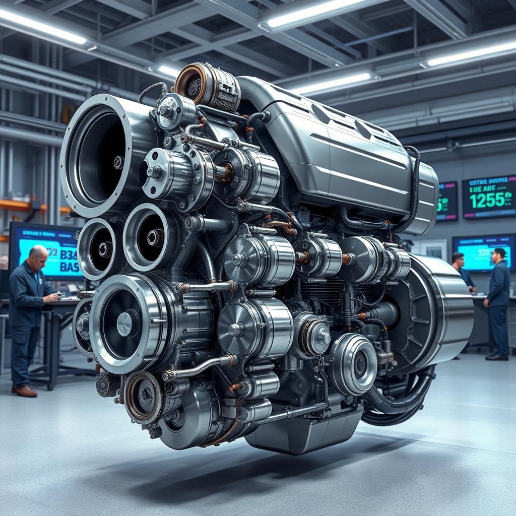 A hyper-realistic illustration of the strongest engine conceivable, showcasing intricate metal components and advanced technology