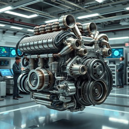 A hyper-realistic illustration of the strongest engine conceivable, showcasing intricate metal components and advanced technology