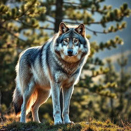 A stunning, high-definition photograph of a majestic wolf standing proud in its natural habitat