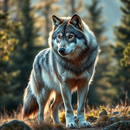 A stunning, high-definition photograph of a majestic wolf standing proud in its natural habitat