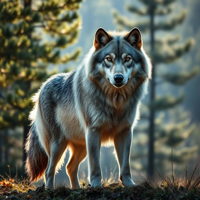 A stunning, high-definition photograph of a majestic wolf standing proud in its natural habitat