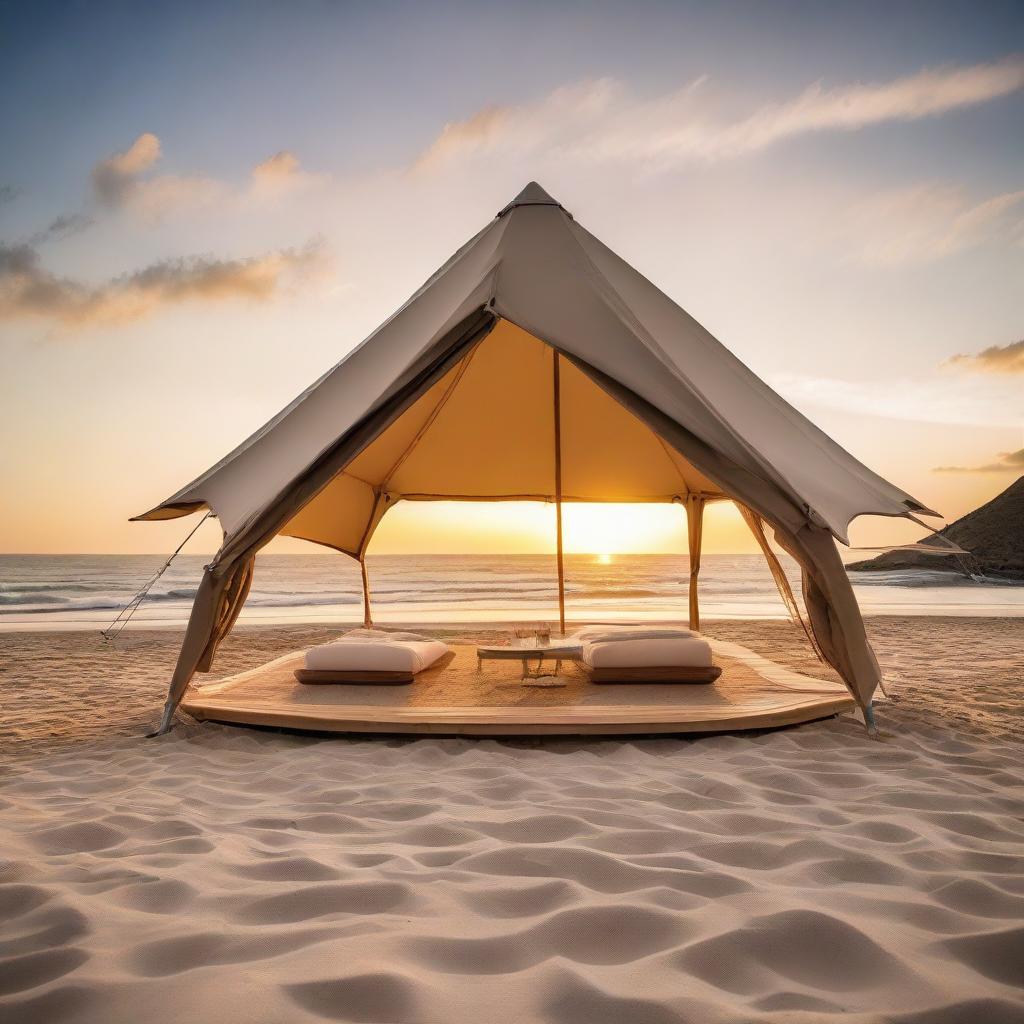 A modern architectural tent placed on a sandy beach with a stunning ocean backdrop during sunset.