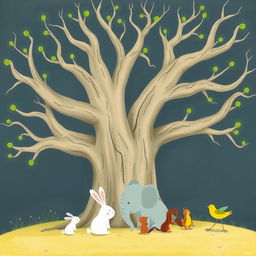An ancient tree with smooth, bare branches that have sprouted green buds at their tips, illustrated in the whimsical style of Jon Klassen