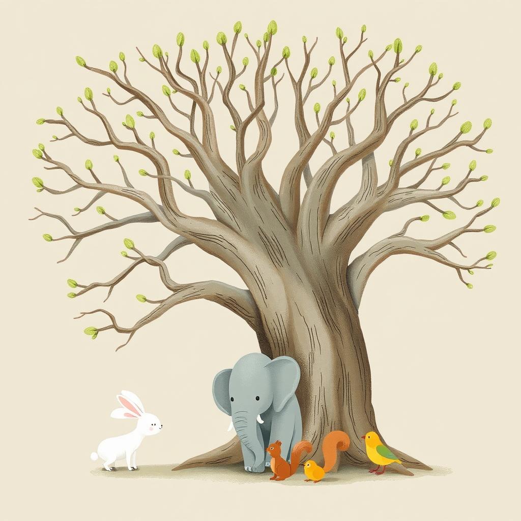 An ancient tree with smooth, bare branches that have sprouted green buds at their tips, illustrated in the whimsical style of Jon Klassen