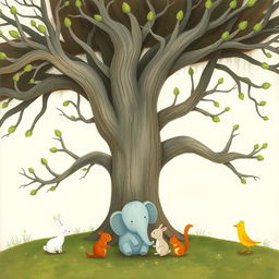 An ancient tree with smooth, bare branches that have sprouted green buds at their tips, illustrated in the whimsical style of Jon Klassen