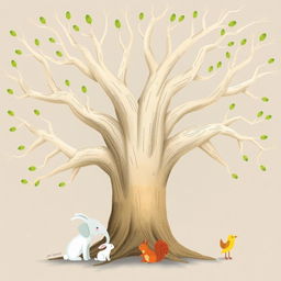 An ancient tree with smooth, bare branches that have sprouted green buds at their tips, illustrated in the whimsical style of Jon Klassen