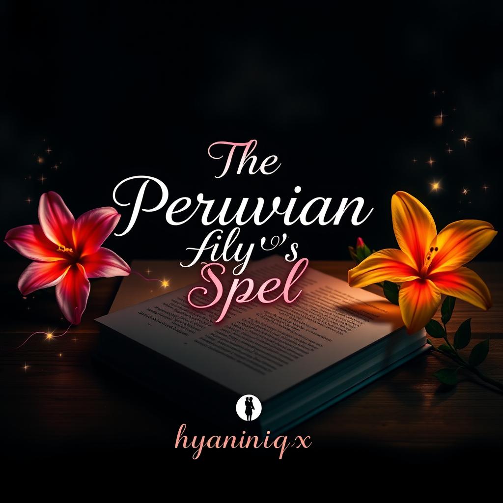 A beautifully arranged composition featuring a book titled 'The Peruvian Lily's Spell' resting on a wooden table
