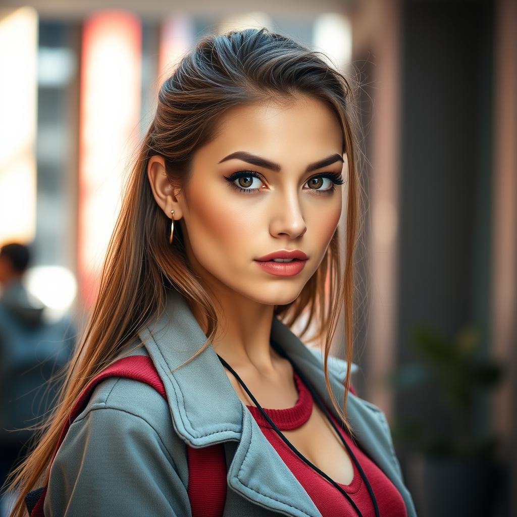 A stunning 25-year-old woman dressed as a student, exuding confidence and charm, with a provocative expression on her face