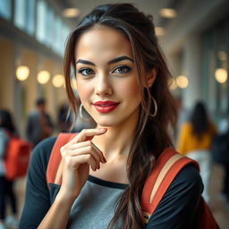 A stunning 25-year-old woman dressed as a student, exuding confidence and charm, with a provocative expression on her face