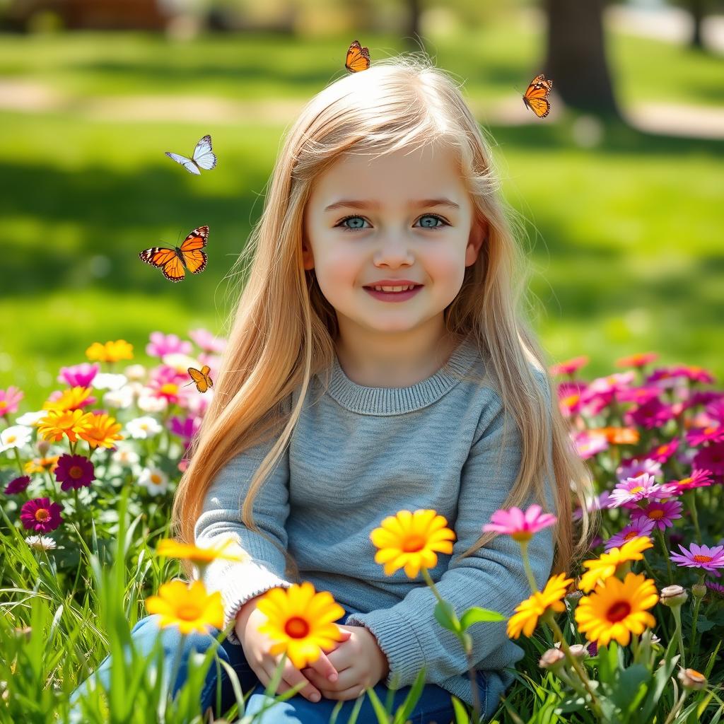A charming young girl with sparkling blue eyes and long blond hair wearing a cozy gray shirt, sitting in a sunny park surrounded by colorful flowers