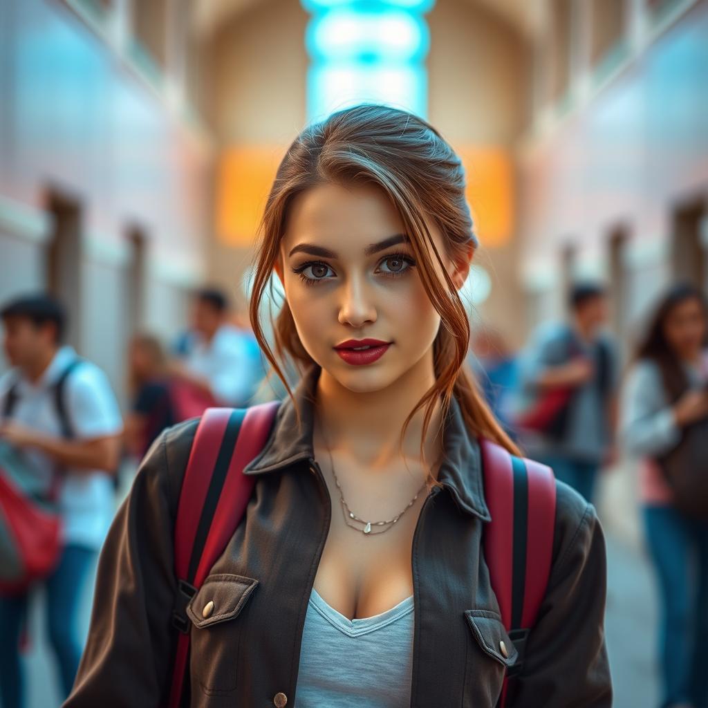 A gorgeous 25-year-old woman dressed as a student, radiating attractiveness with a provocative expression