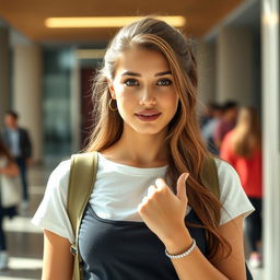 A gorgeous 25-year-old woman dressed as a student, radiating attractiveness with a provocative expression