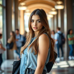 A gorgeous 25-year-old woman dressed as a student, radiating attractiveness with a provocative expression