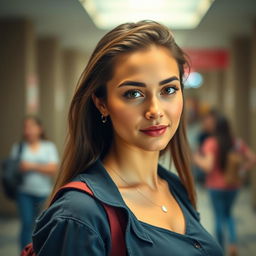 A gorgeous 25-year-old woman dressed as a student, radiating attractiveness with a provocative expression