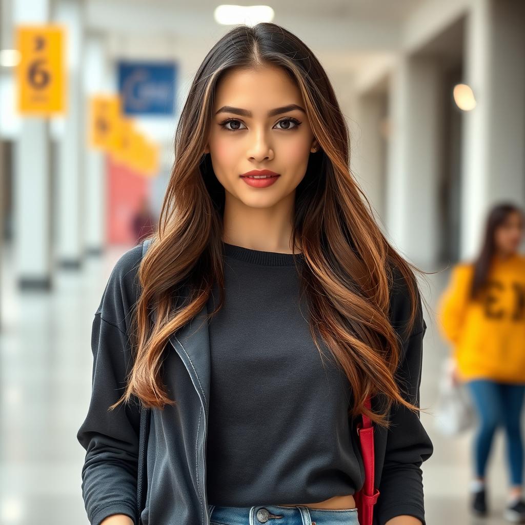 A beautiful 25-year-old woman dressed in stylish student attire, showcasing her attractiveness and provocative expression