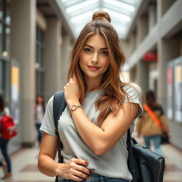 A beautiful 25-year-old woman dressed in stylish student attire, showcasing her attractiveness and provocative expression